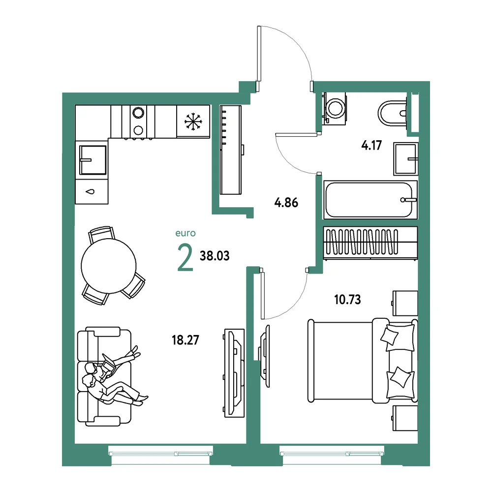 Планировка: Остров-сад 2-комнатная 38,03м²