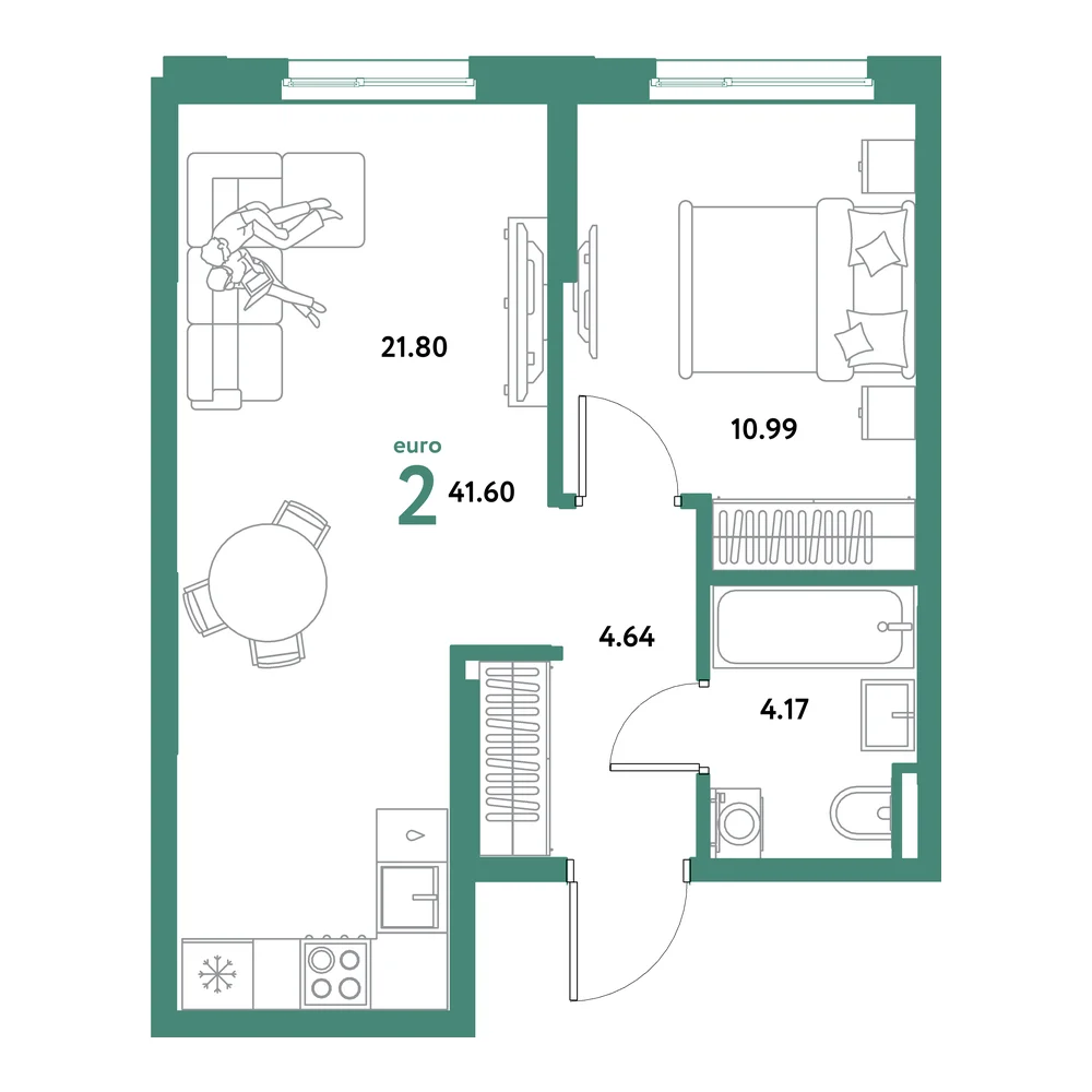Планировка: Остров-сад 2-комнатная 41,60м²