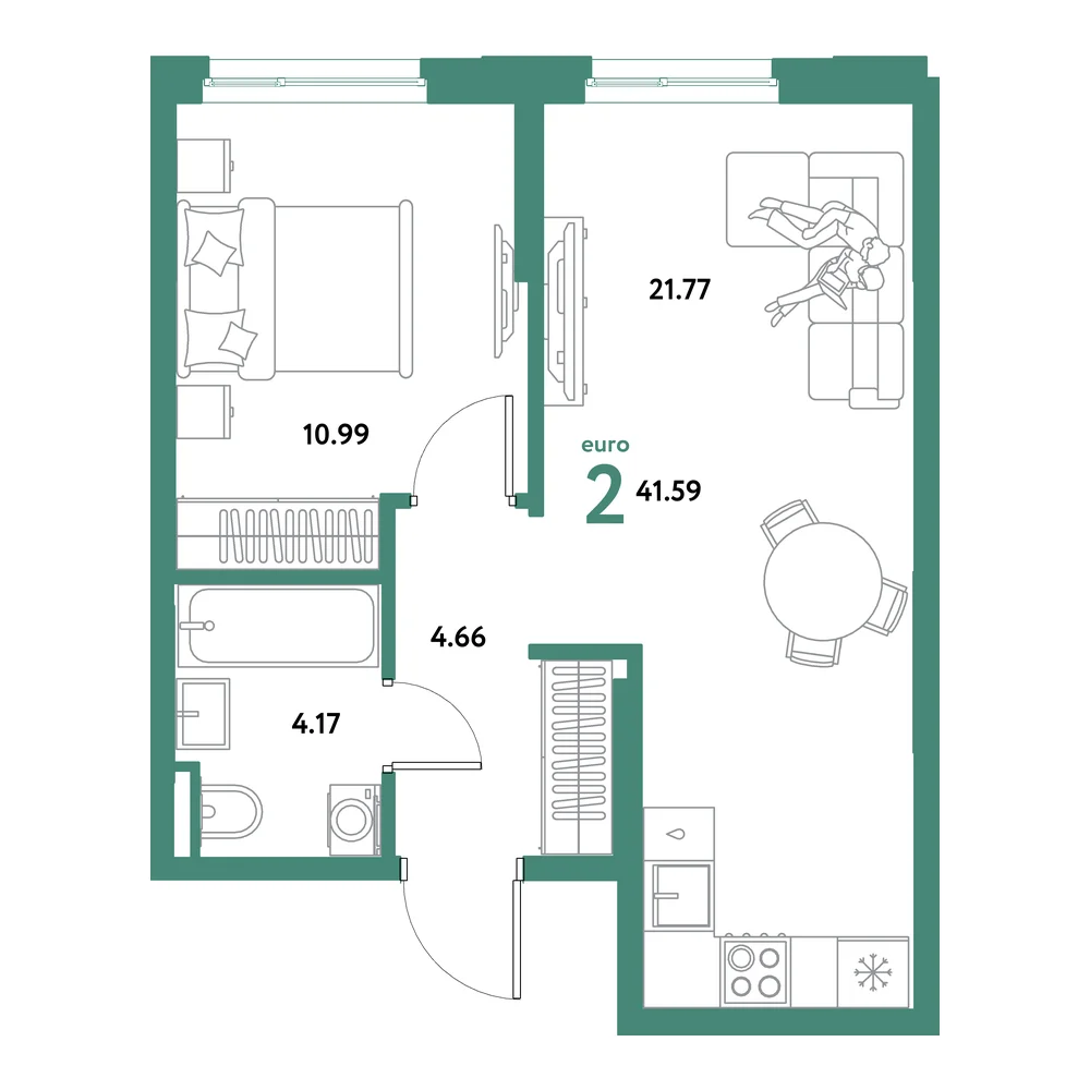 Планировка: Остров-сад 2-комнатная 41,59м²