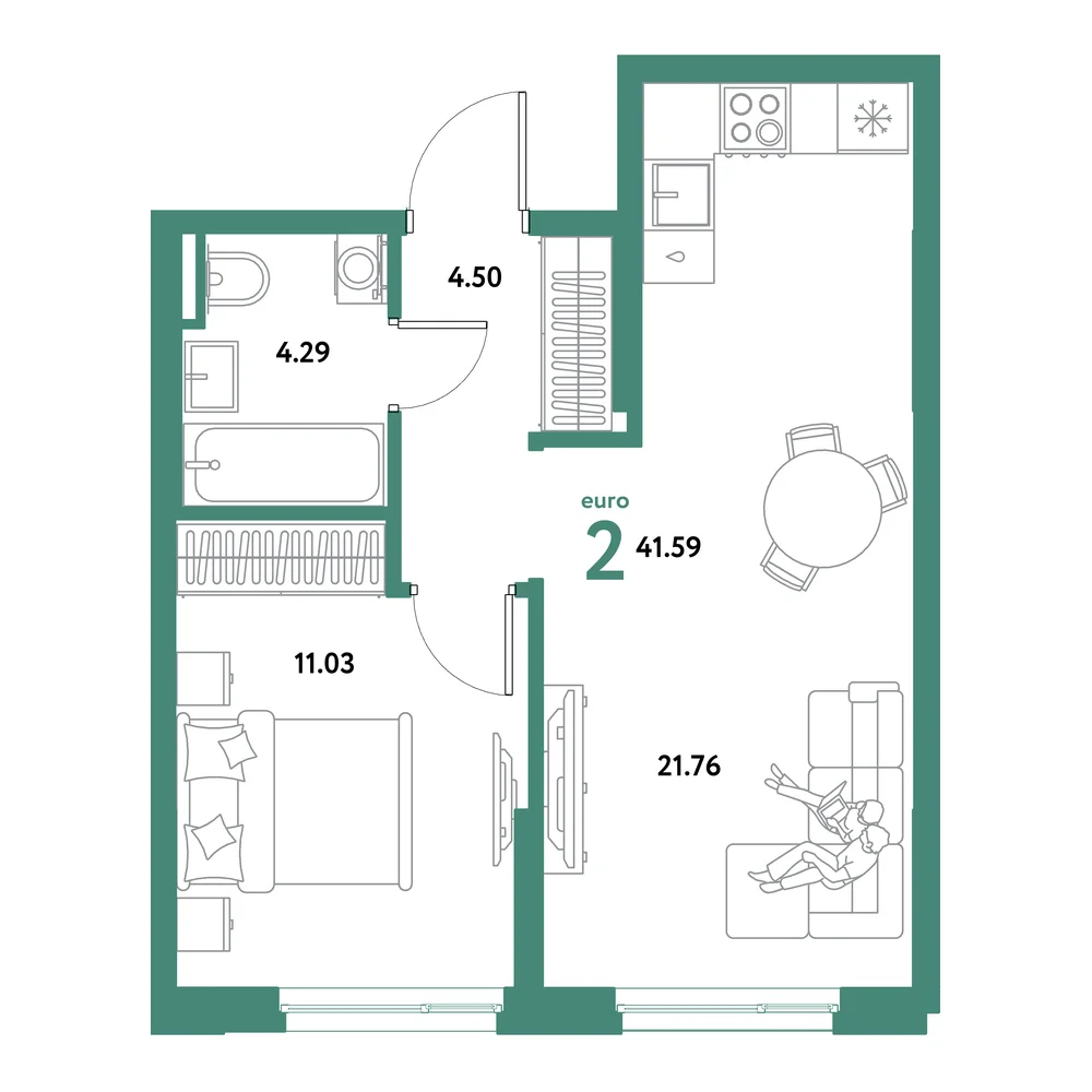 Планировка: Остров-сад 2-комнатная 41,59м²