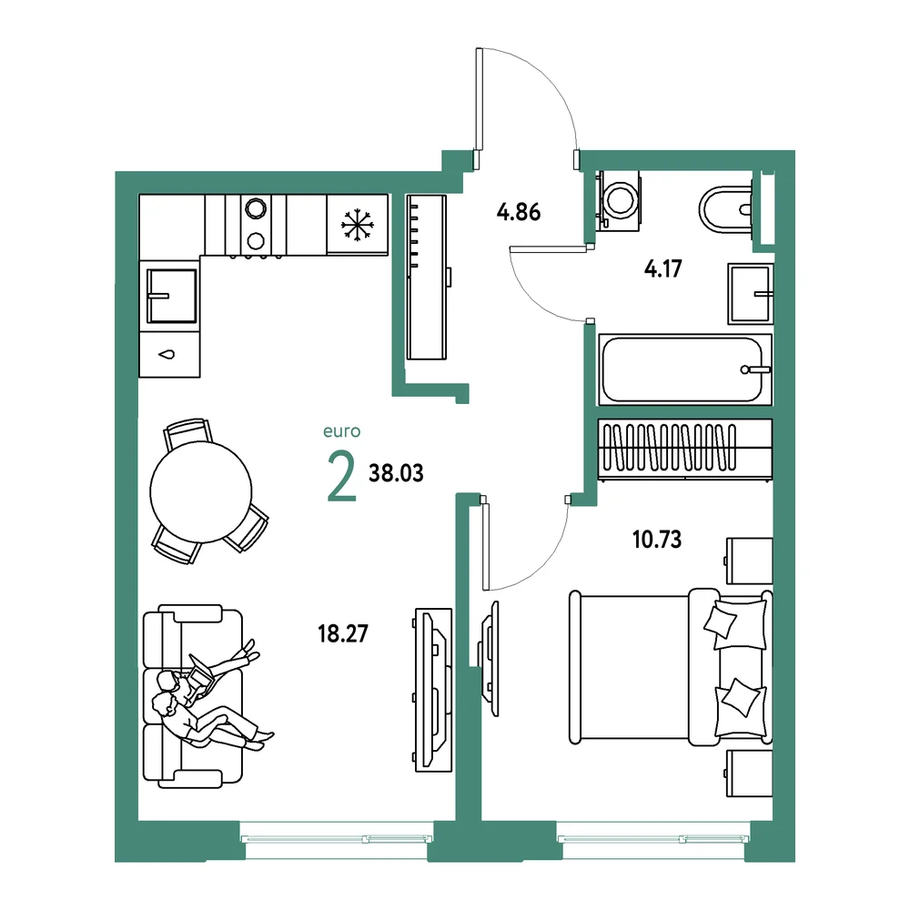 Планировка: Остров-сад 2-комнатная 38,03м²
