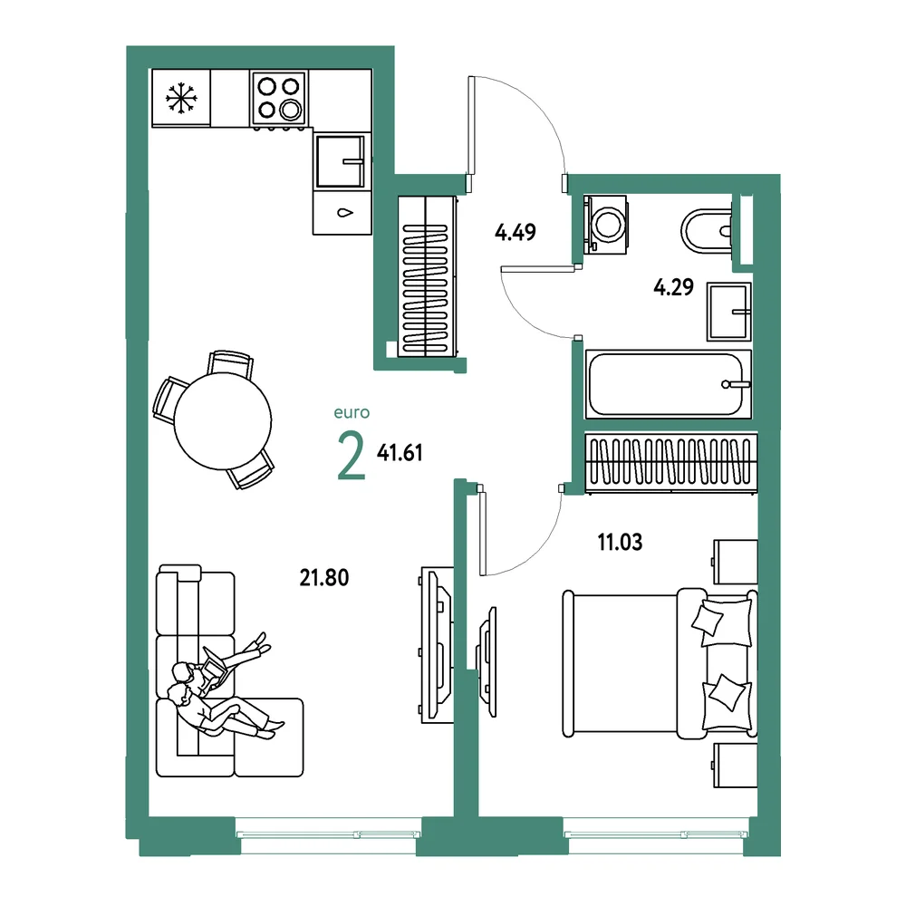 Планировка: Остров-сад 2-комнатная 41,61м²