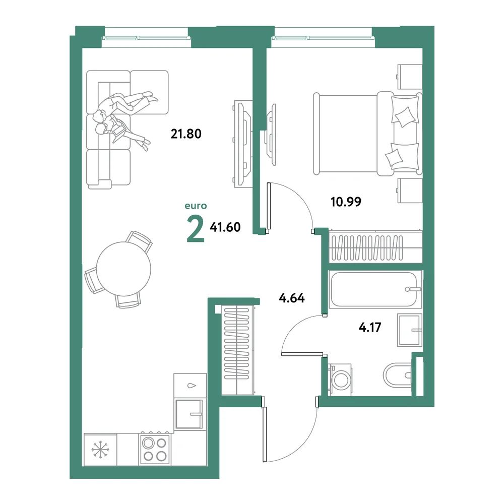 Планировка: Остров-сад 2-комнатная 41,60м²