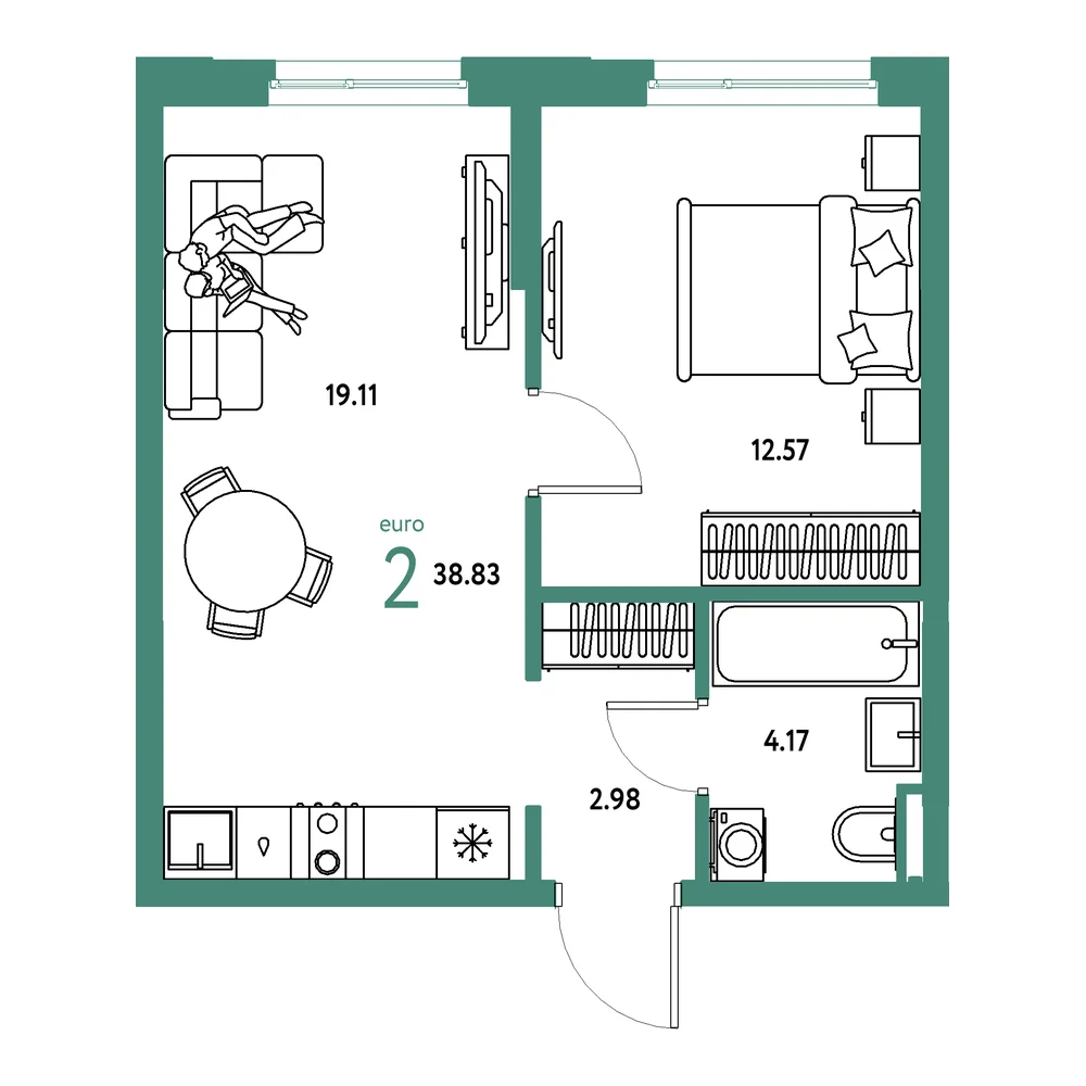 Планировка: Остров-сад 2-комнатная 38,83м²