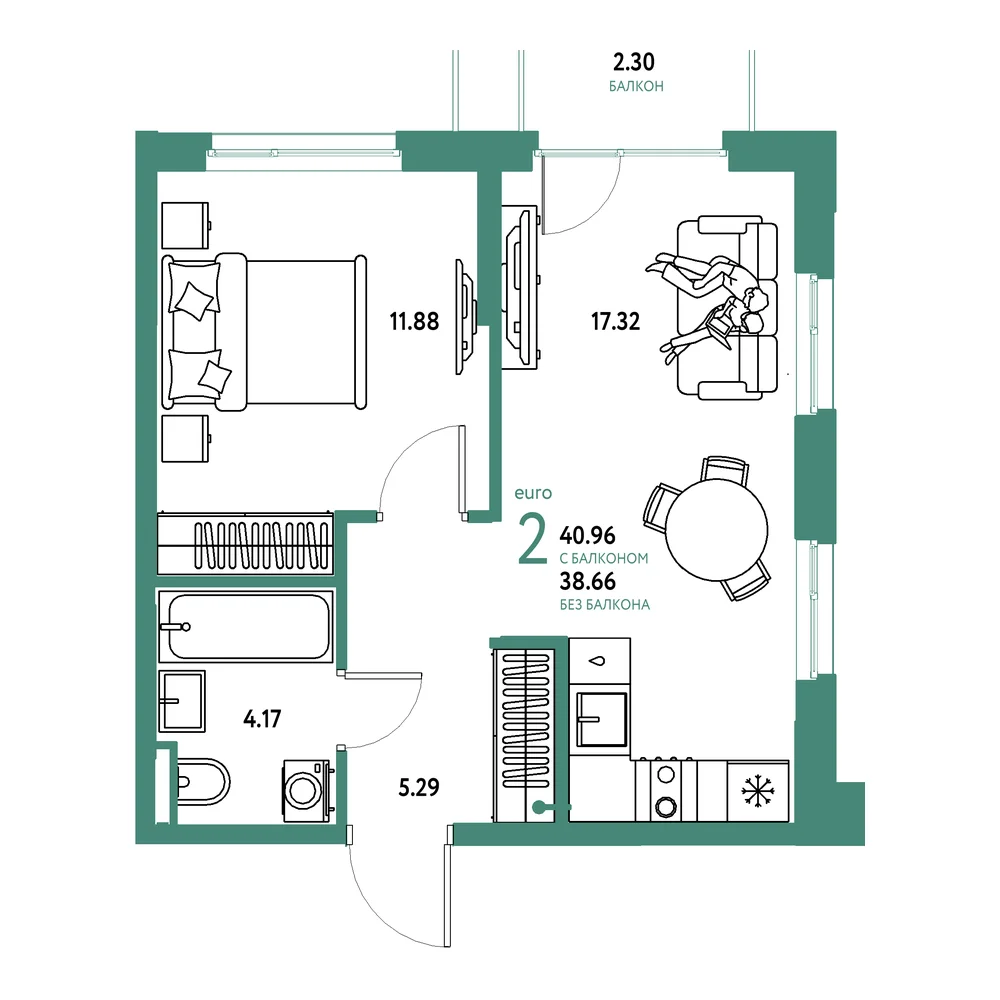 Планировка: Остров-сад 2-комнатная 40,96м²