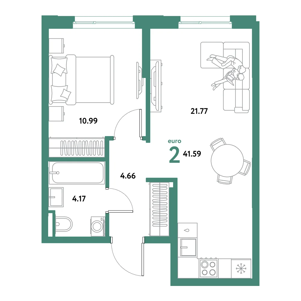 Планировка: Остров-сад 2-комнатная 41,59м²