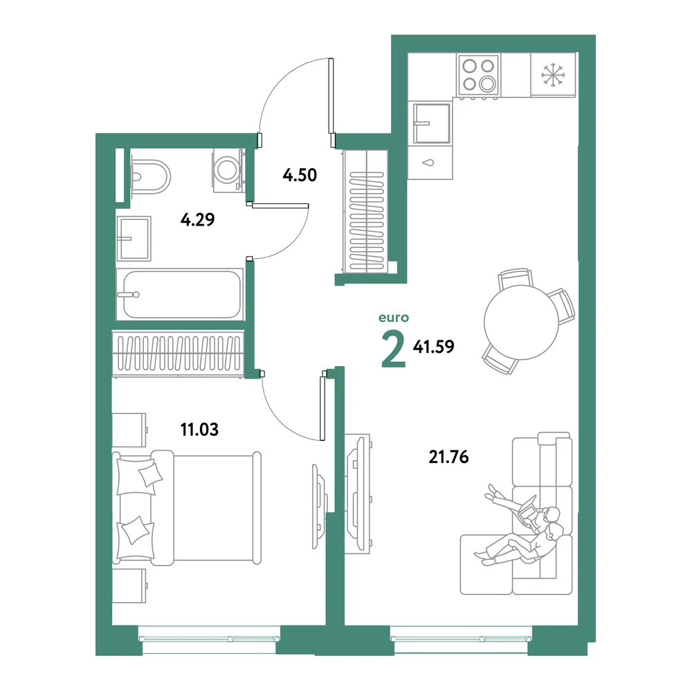 Планировка: Остров-сад 2-комнатная 41,59м²