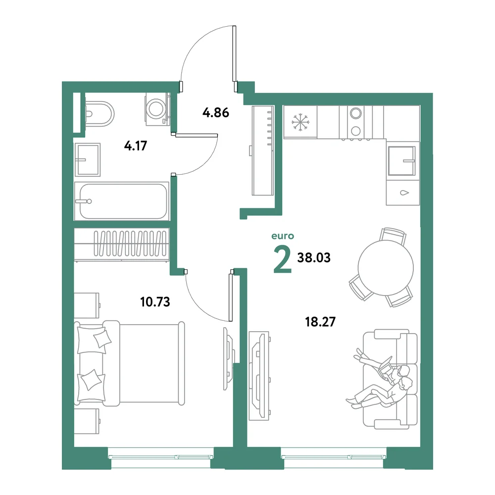 Планировка: Остров-сад 2-комнатная 38,03м²