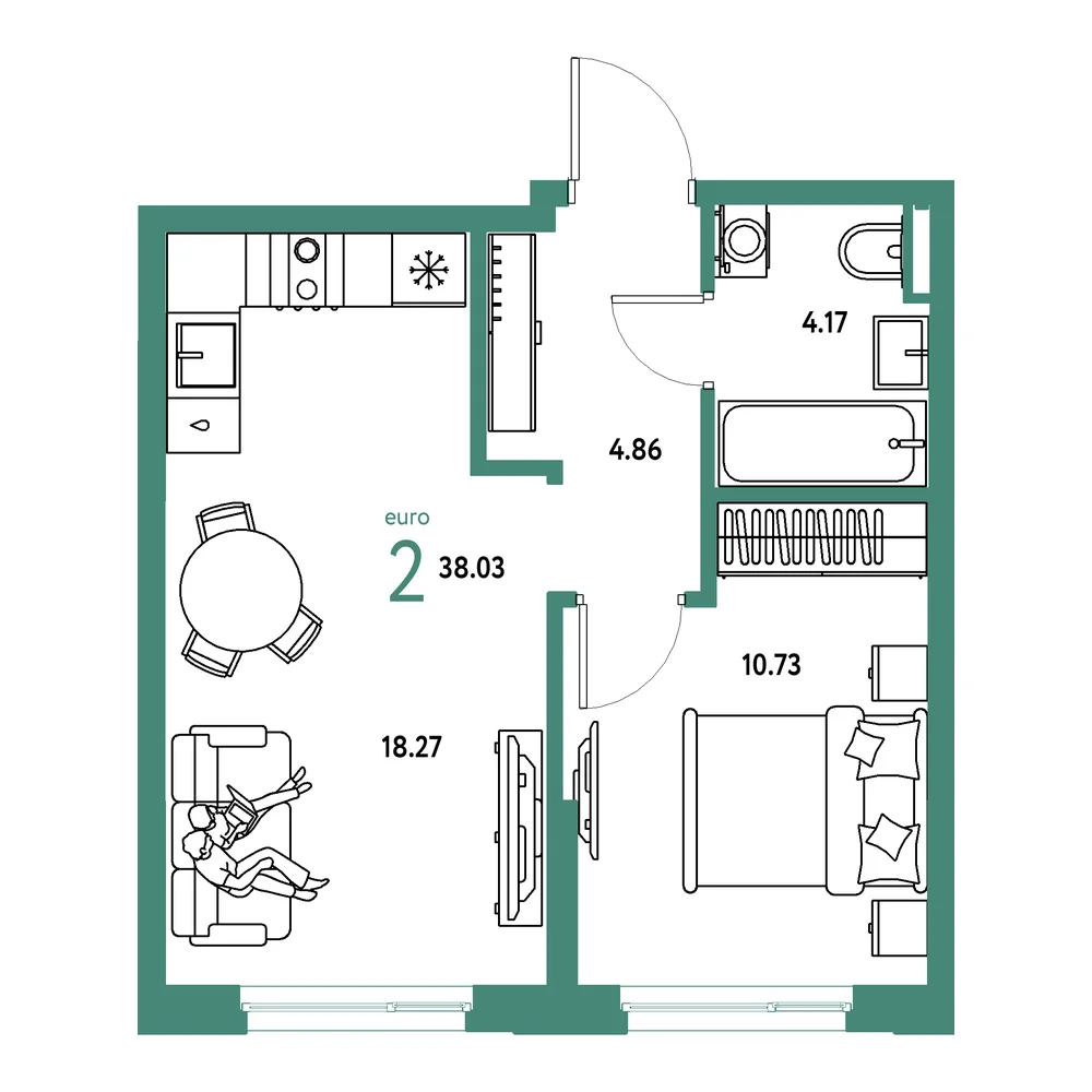 Планировка: Остров-сад 2-комнатная 38,03м²