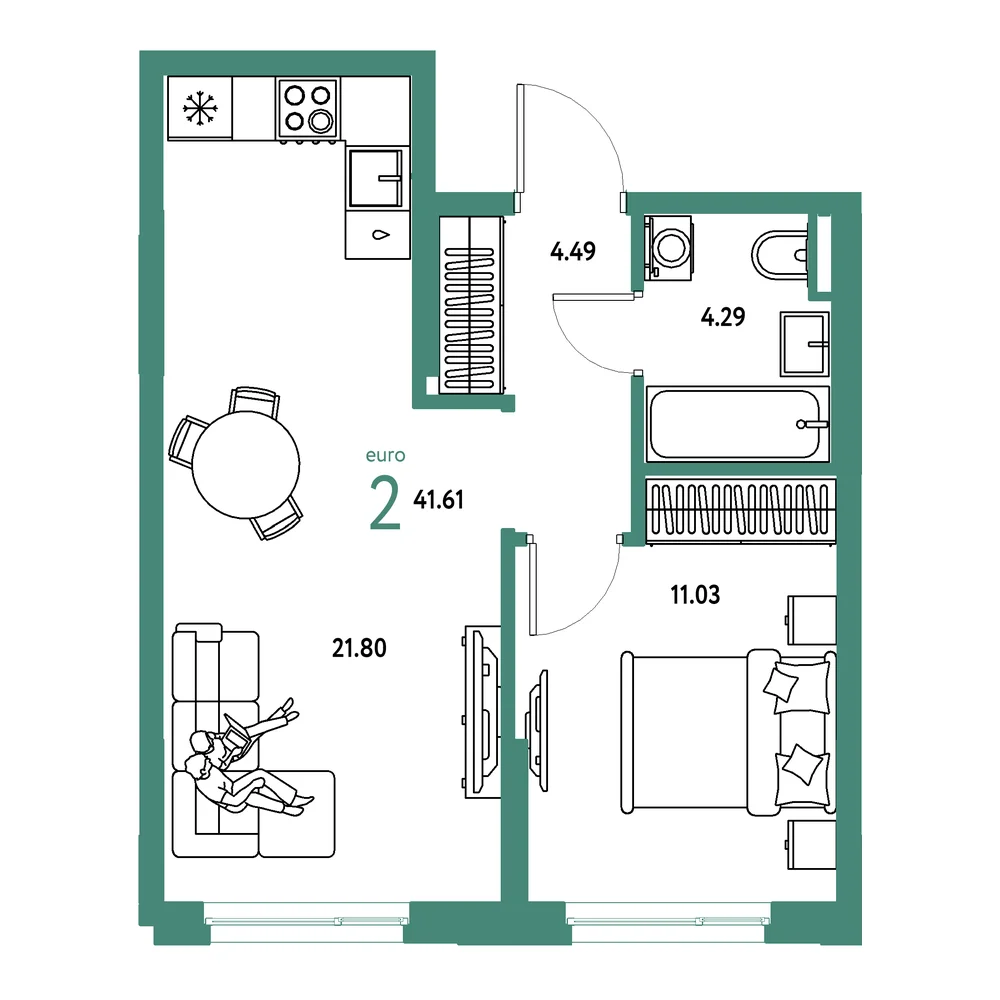 Планировка: Остров-сад 2-комнатная 41,61м²