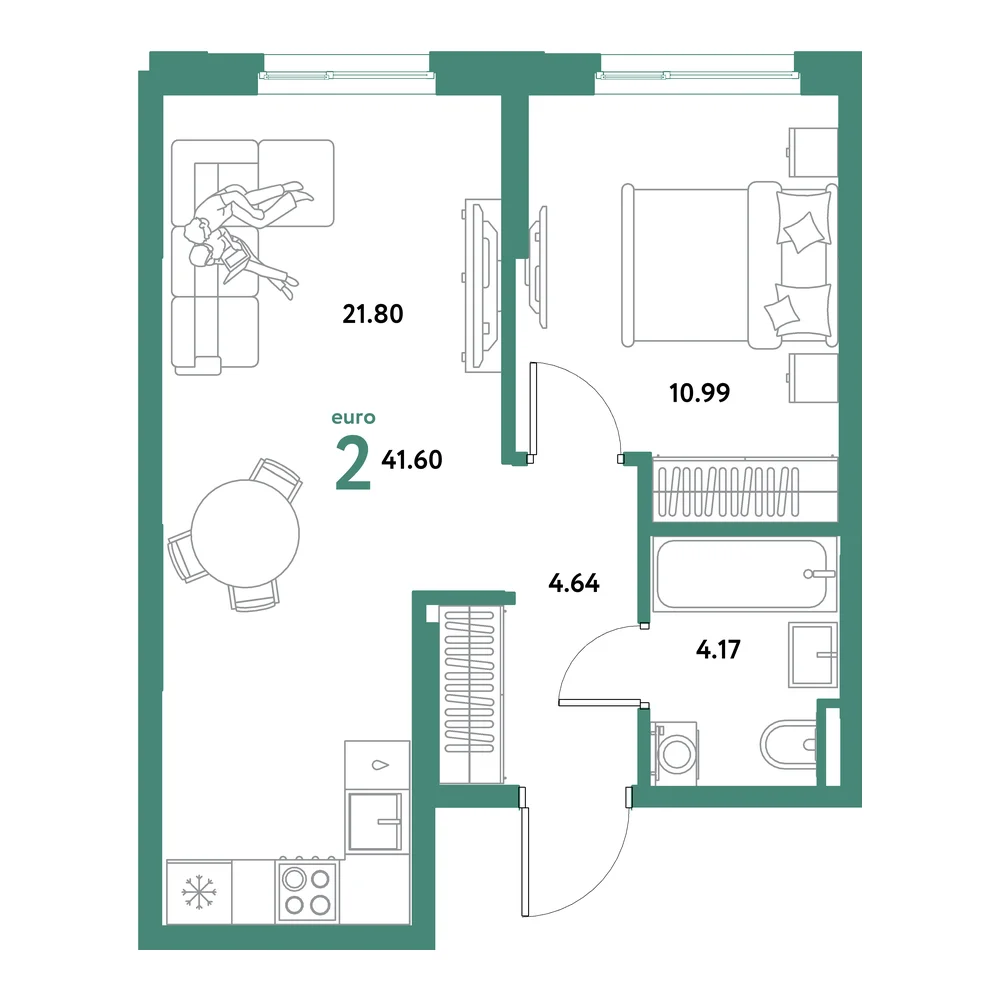 Планировка: Остров-сад 2-комнатная 41,60м²
