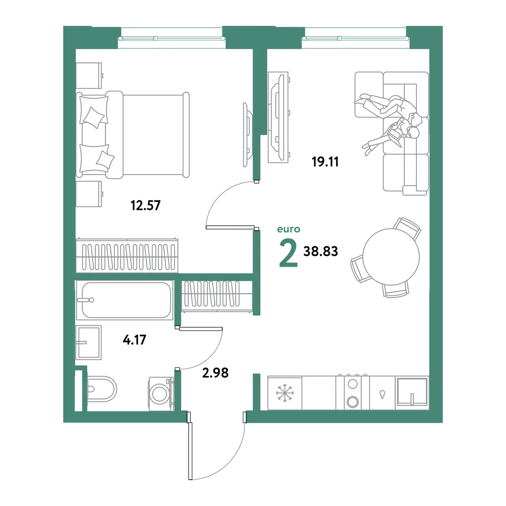 Планировка: Остров-сад 2-комнатная 38,83м²