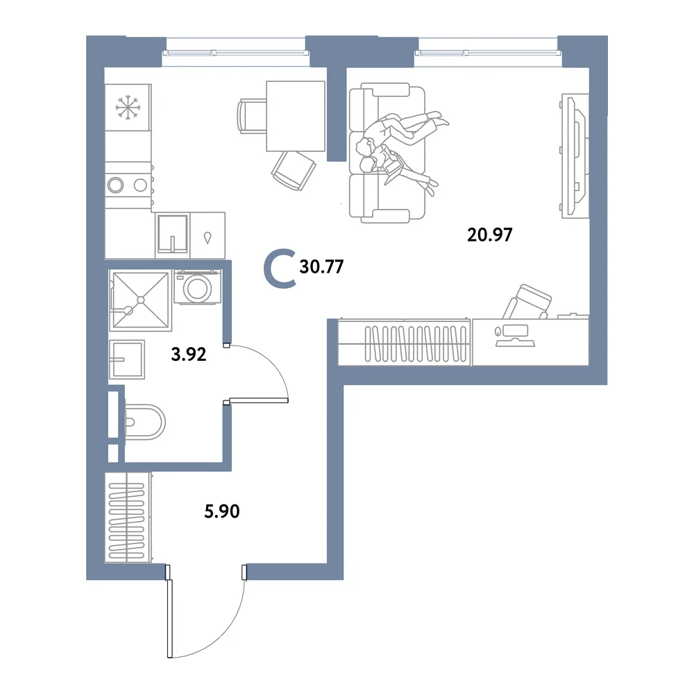 Планировка: Остров-сад Студия 30,77м²
