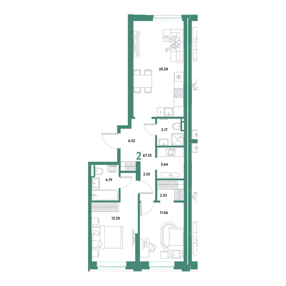 Планировка: Остров-сад 2-комнатная 67,55м²