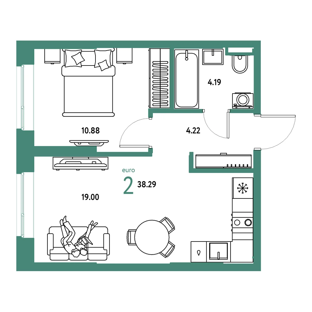 Планировка: Остров-сад 2-комнатная 38,29м²