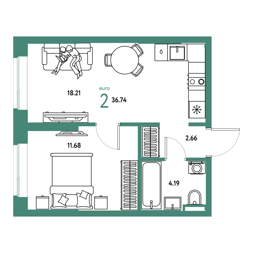 Планировка: Остров-сад 2-комнатная 36,74м²