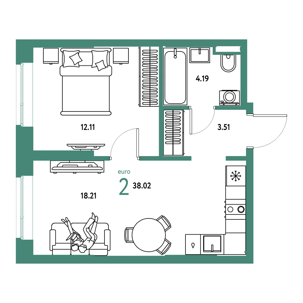 Планировка: Остров-сад 2-комнатная 38,02м²