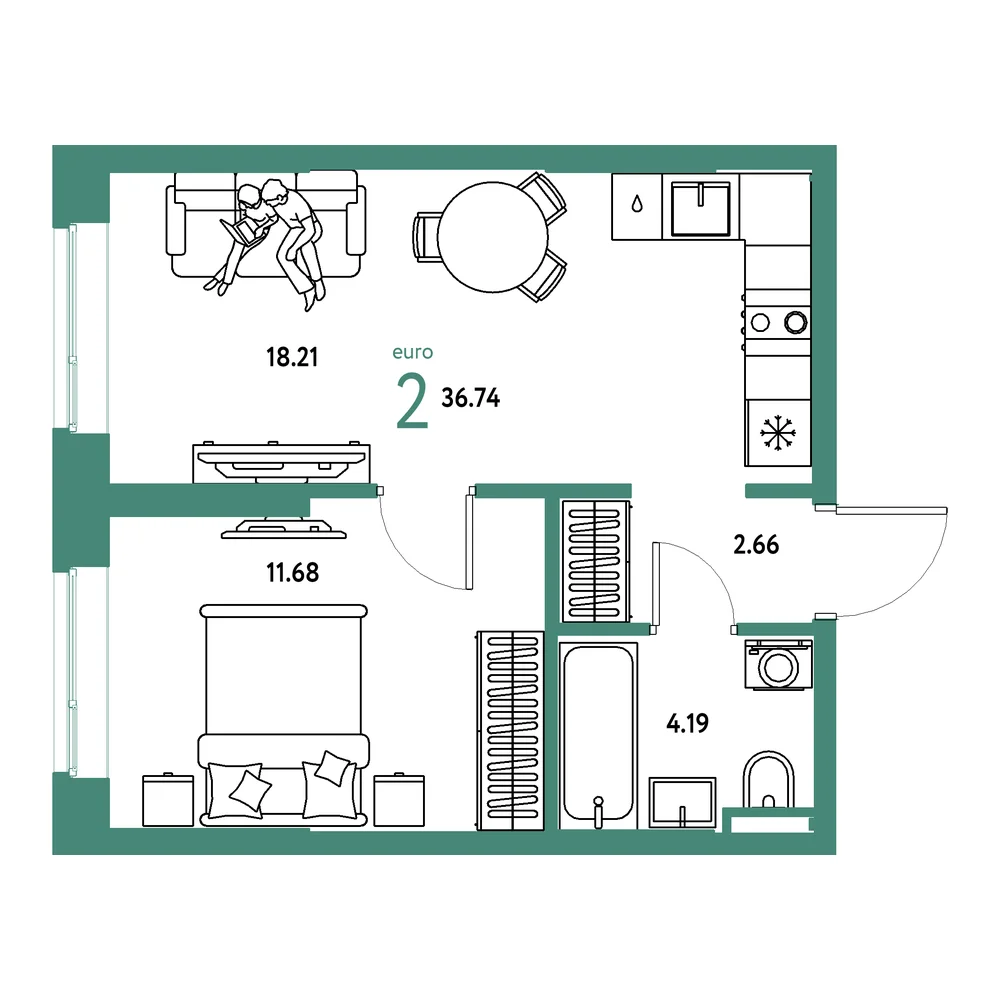 Планировка: Остров-сад 2-комнатная 36,74м²