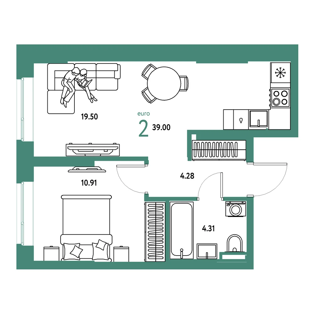 Планировка: Остров-сад 2-комнатная 39,00м²