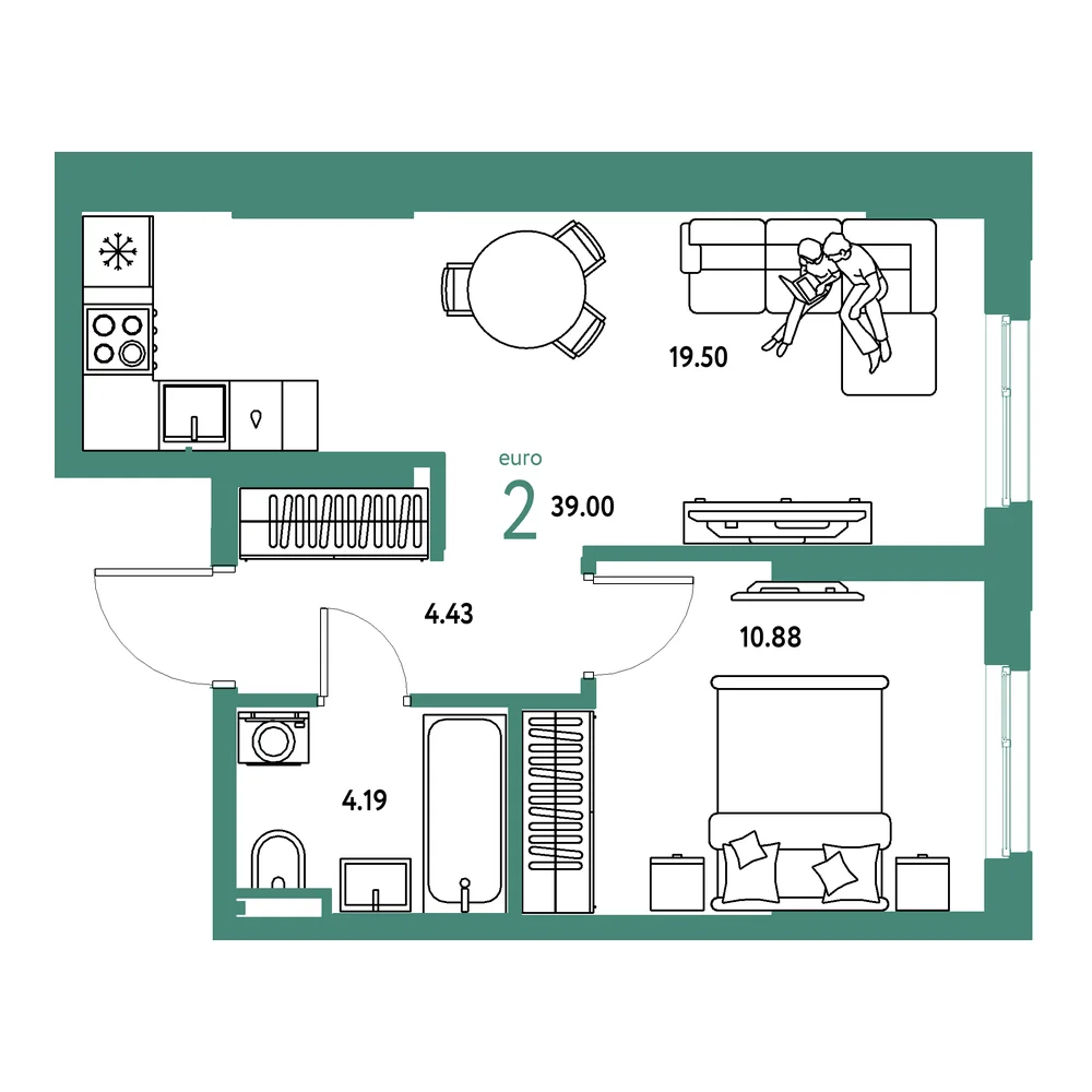 Планировка: Остров-сад 2-комнатная 39,00м²