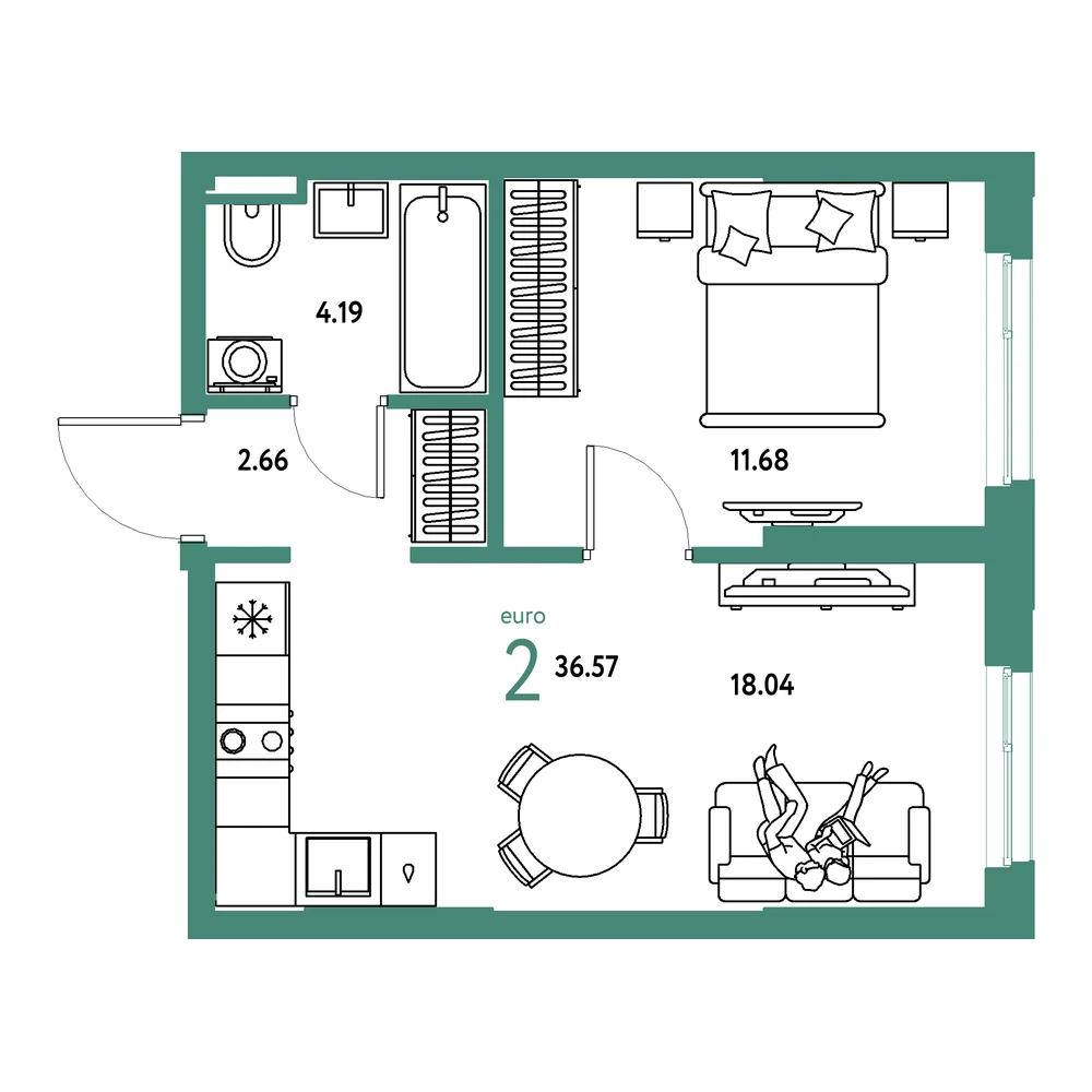 Планировка: Остров-сад 2-комнатная 36,57м²