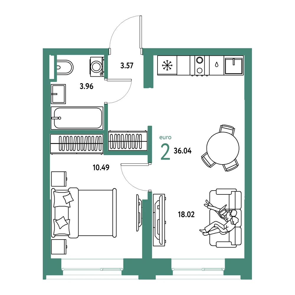 Планировка: Остров-сад 2-комнатная 36,04м²