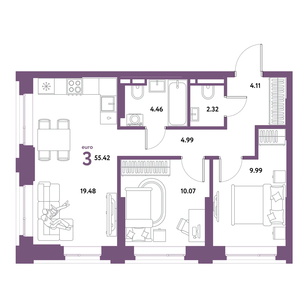 Планировка: Остров-сад 3-комнатная 55,42м²
