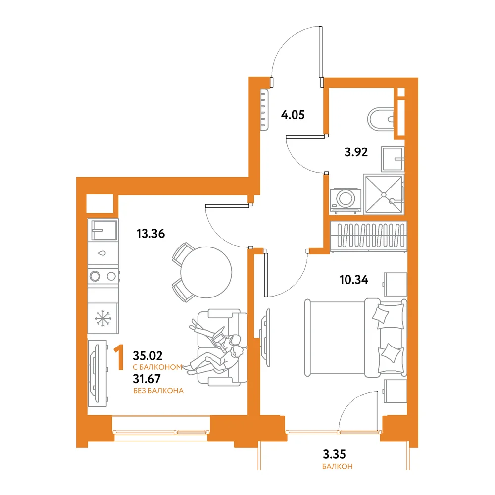Планировка: Остров-сад 1-комнатная 35,02м²