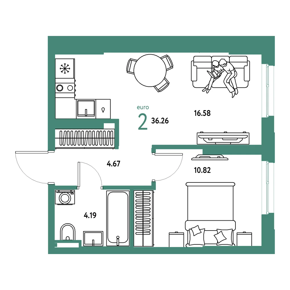 Планировка: Остров-сад 2-комнатная 36,26м²
