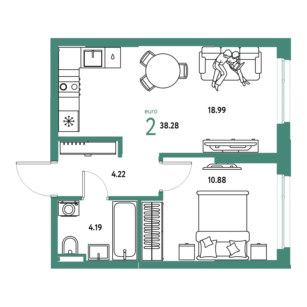 Планировка: Остров-сад 2-комнатная 38,28м²
