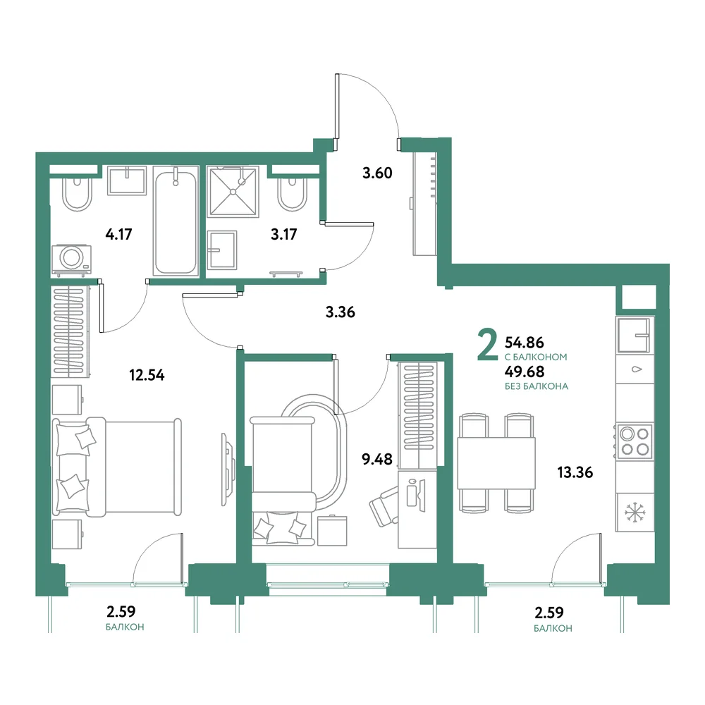 Планировка: Остров-сад 2-комнатная 54,86м²