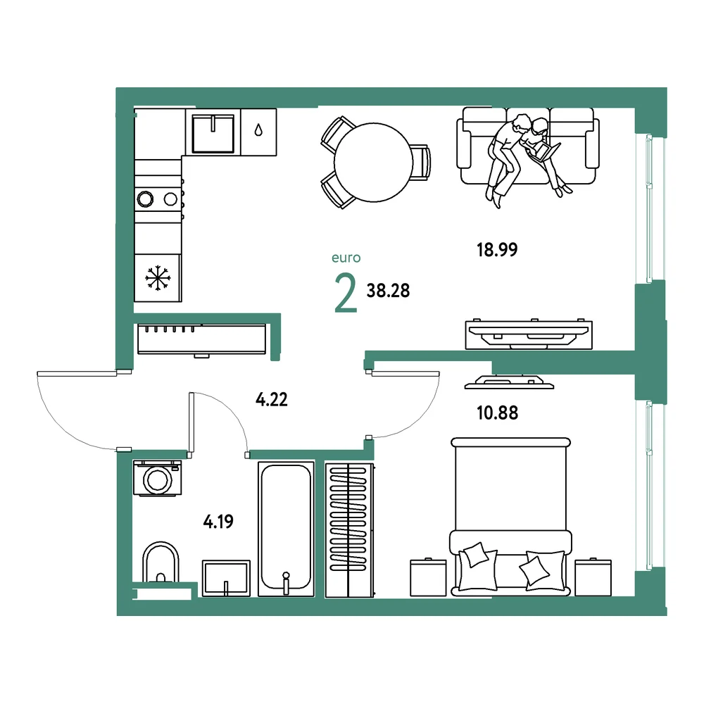 Планировка: Остров-сад 2-комнатная 38,28м²