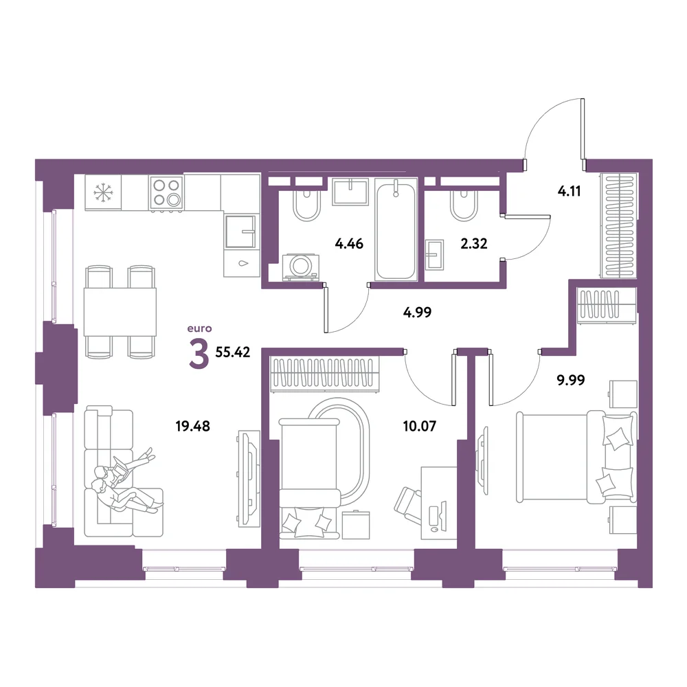 Планировка: Остров-сад 3-комнатная 55,42м²