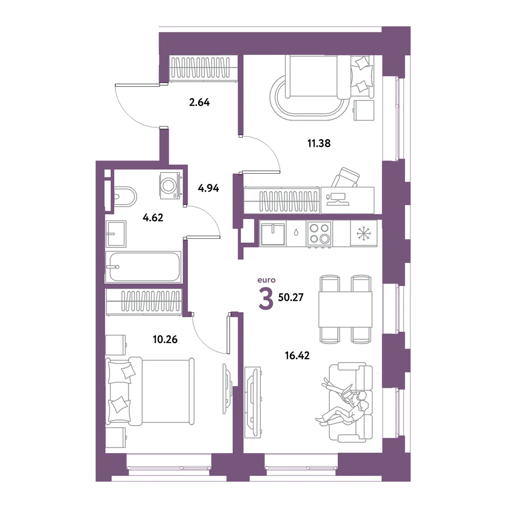 Планировка: Остров-сад 3-комнатная 50,27м²