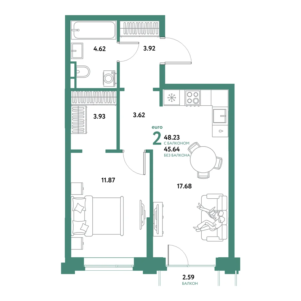 Планировка: Остров-сад 2-комнатная 48,23м²