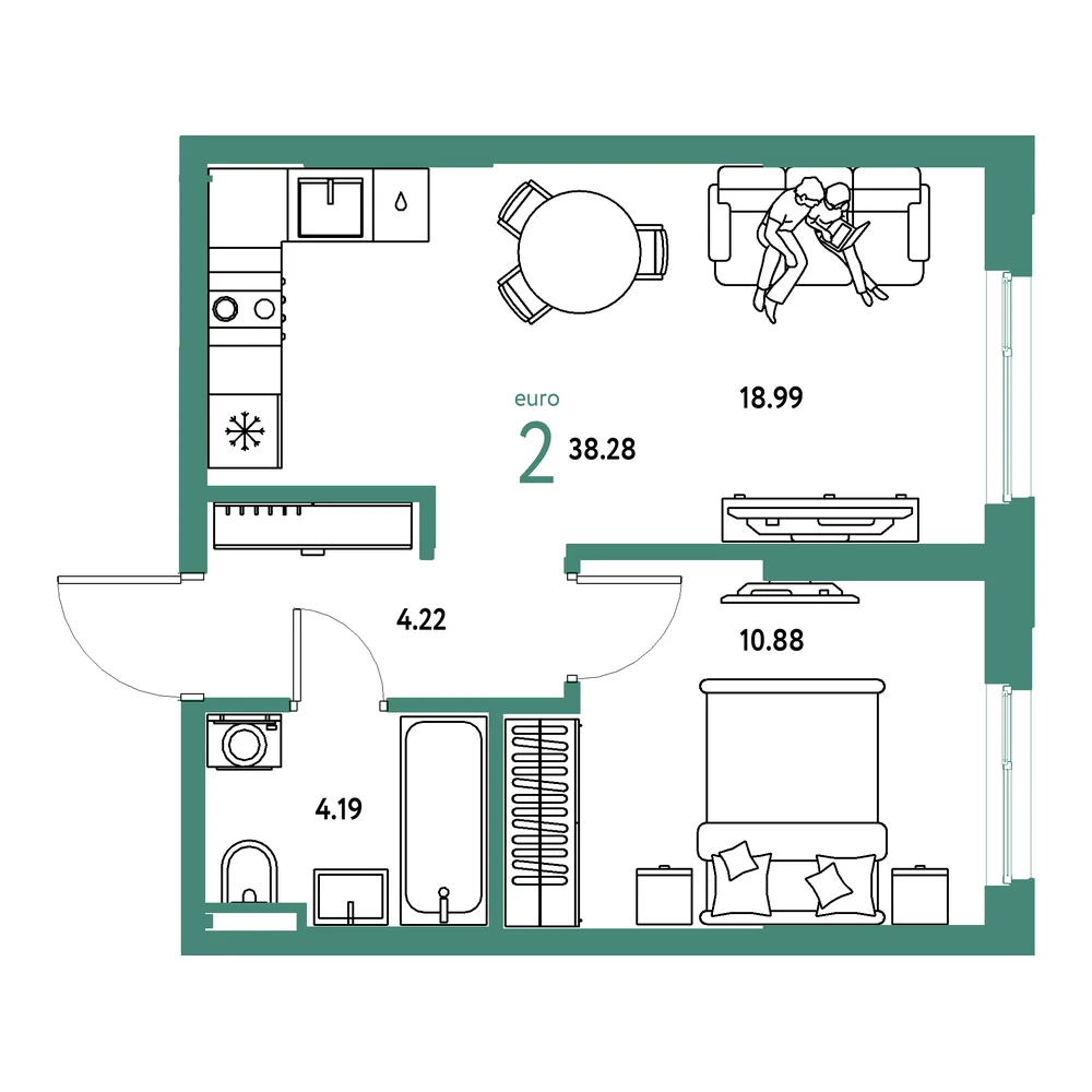 Планировка: Остров-сад 2-комнатная 38,28м²