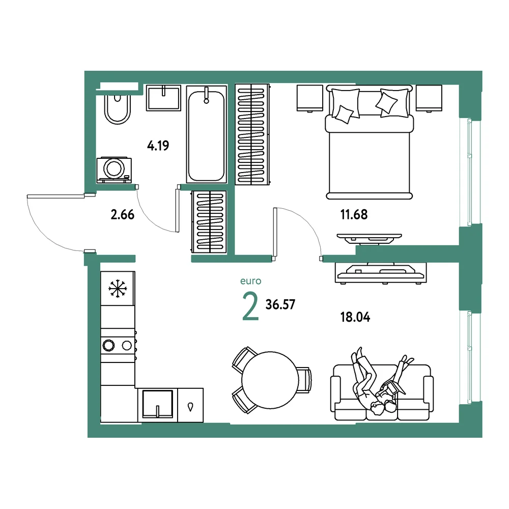 Планировка: Остров-сад 2-комнатная 36,57м²