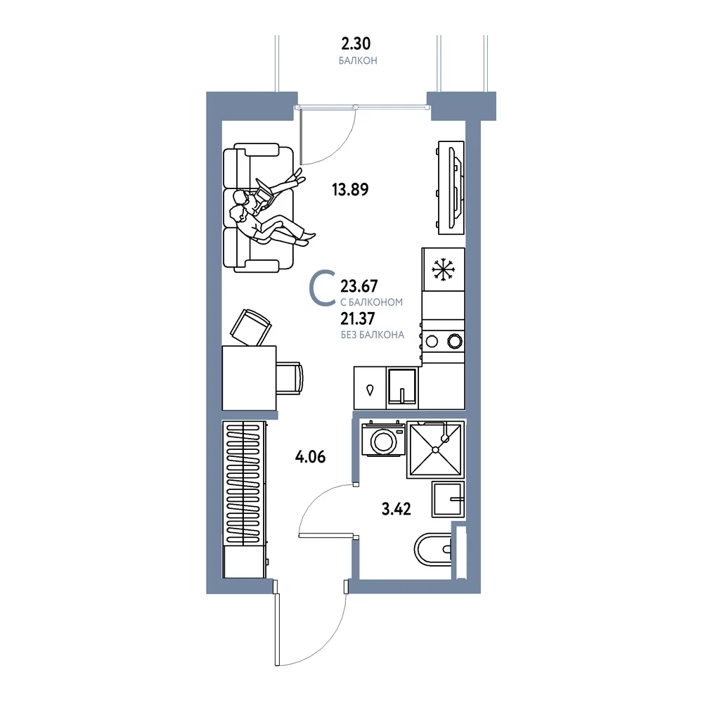 Планировка: Остров-сад Студия 23,67м²