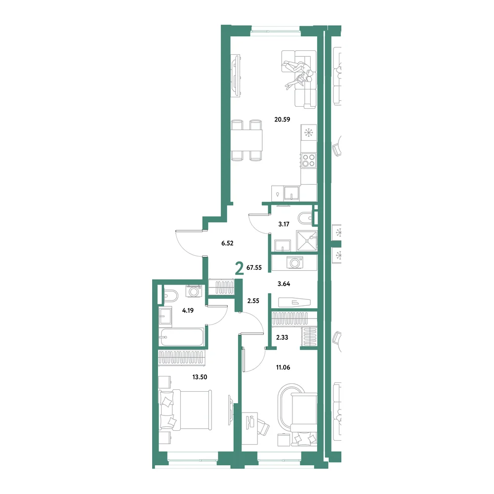 Планировка: Остров-сад 2-комнатная 67,55м²
