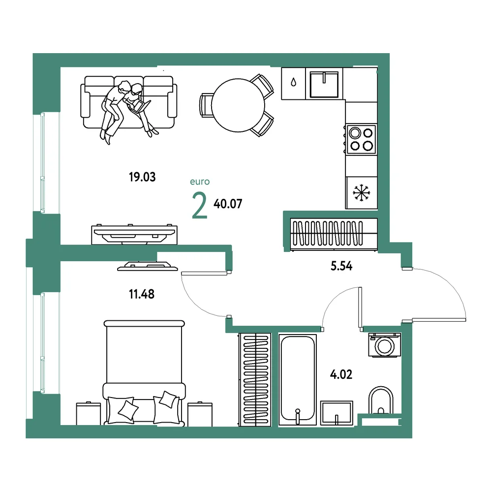 Планировка: Остров-сад 2-комнатная 40,07м²
