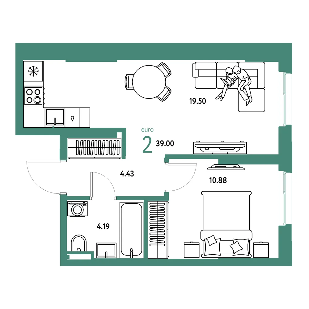 Планировка: Остров-сад 2-комнатная 39,00м²