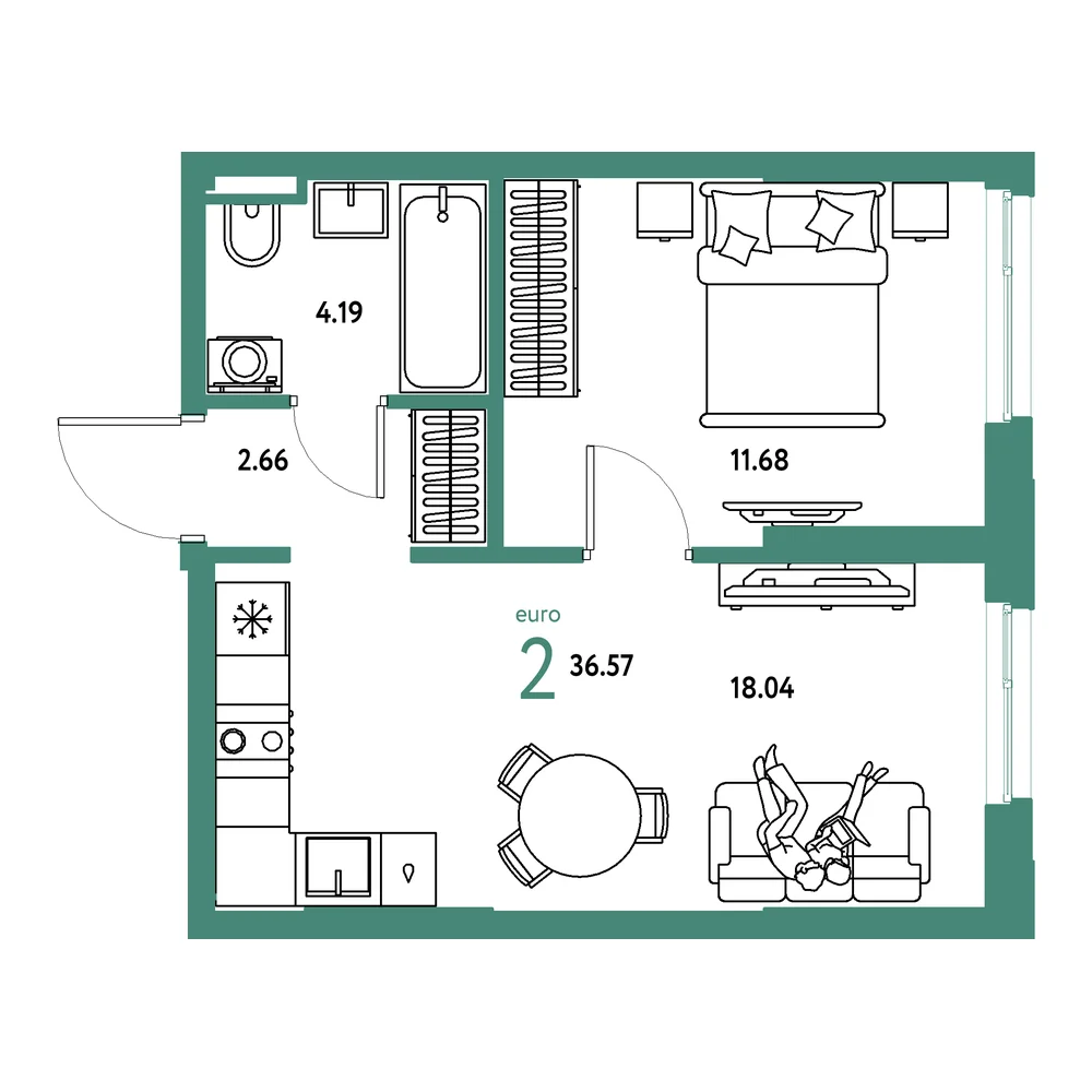 Планировка: Остров-сад 2-комнатная 36,57м²