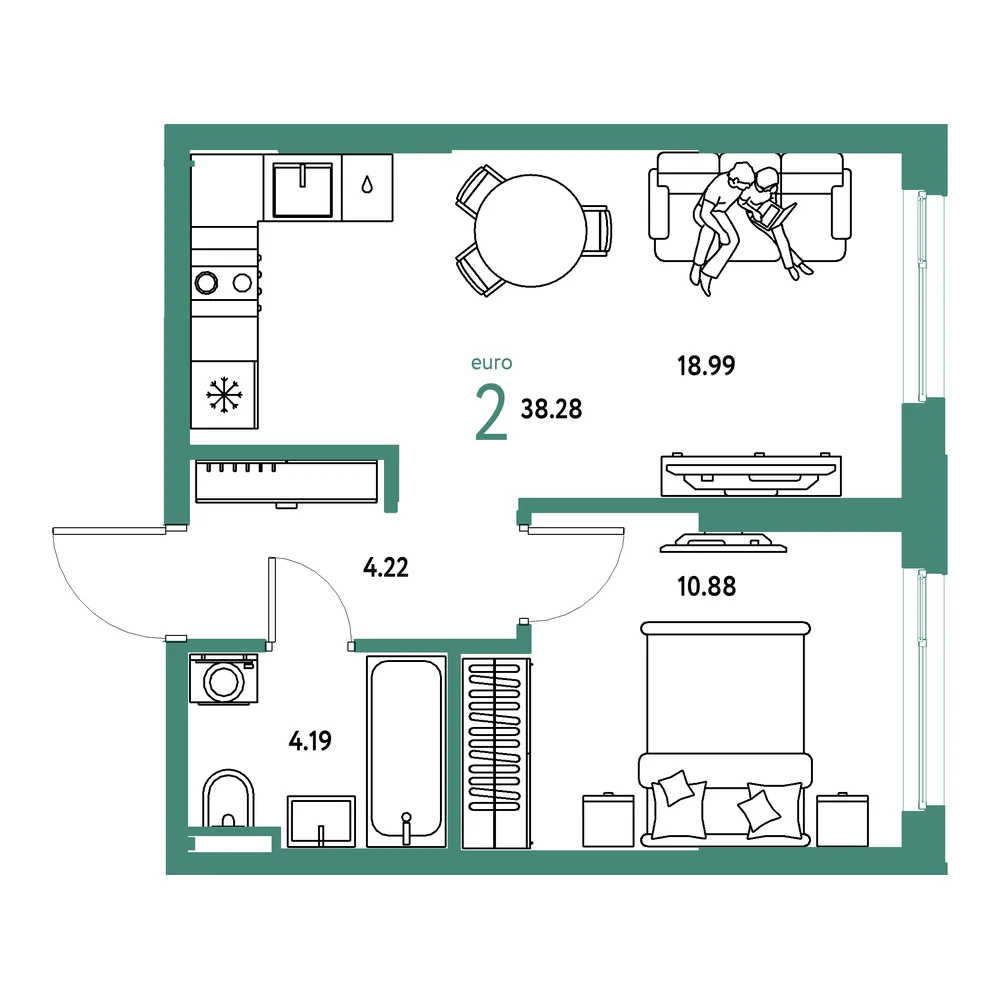 Планировка: Остров-сад 2-комнатная 38,28м²
