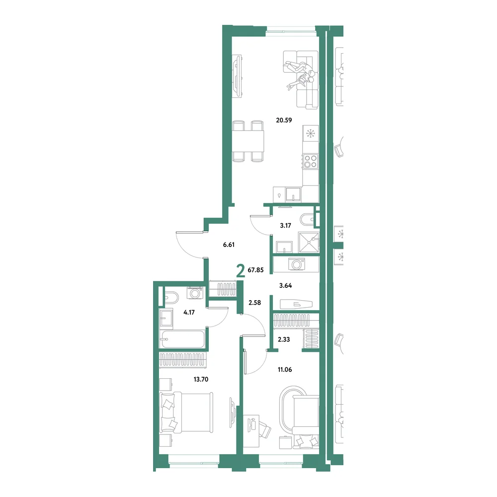 Планировка: Остров-сад 2-комнатная 67,85м²