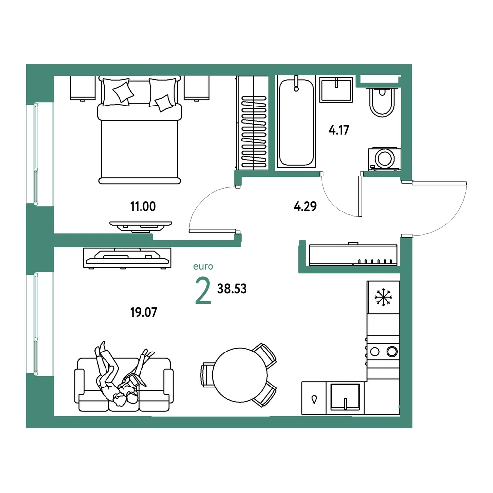 Планировка: Остров-сад 2-комнатная 38,53м²
