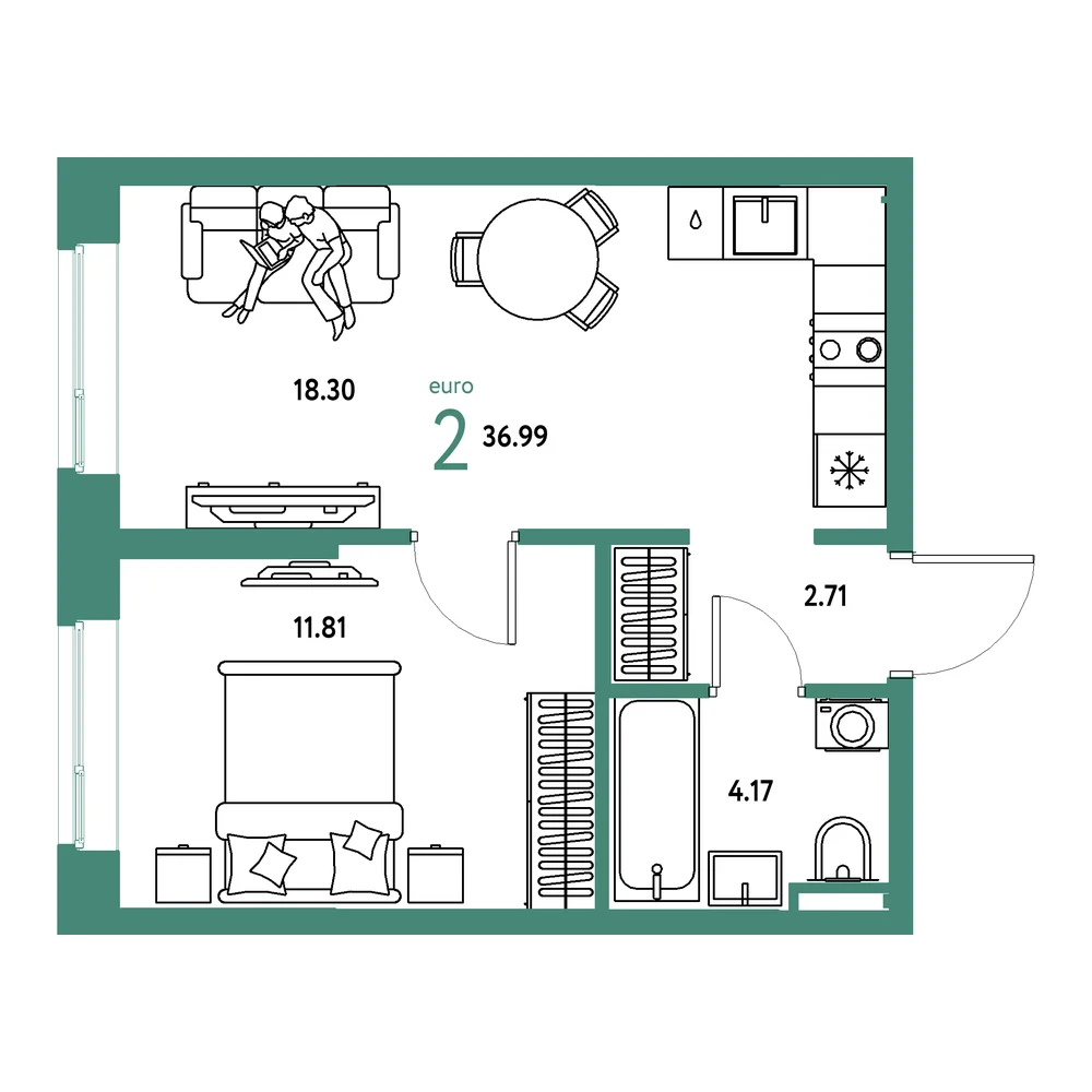 Планировка: Остров-сад 2-комнатная 36,99м²