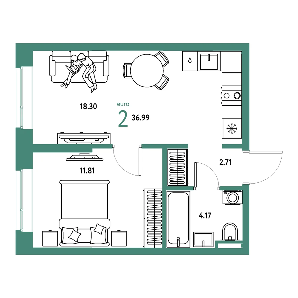 Планировка: Остров-сад 2-комнатная 36,99м²