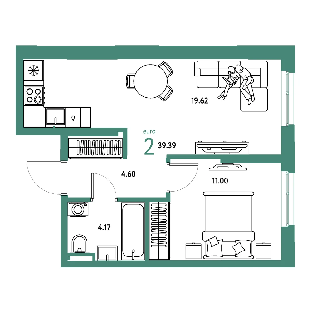Планировка: Остров-сад 2-комнатная 39,39м²