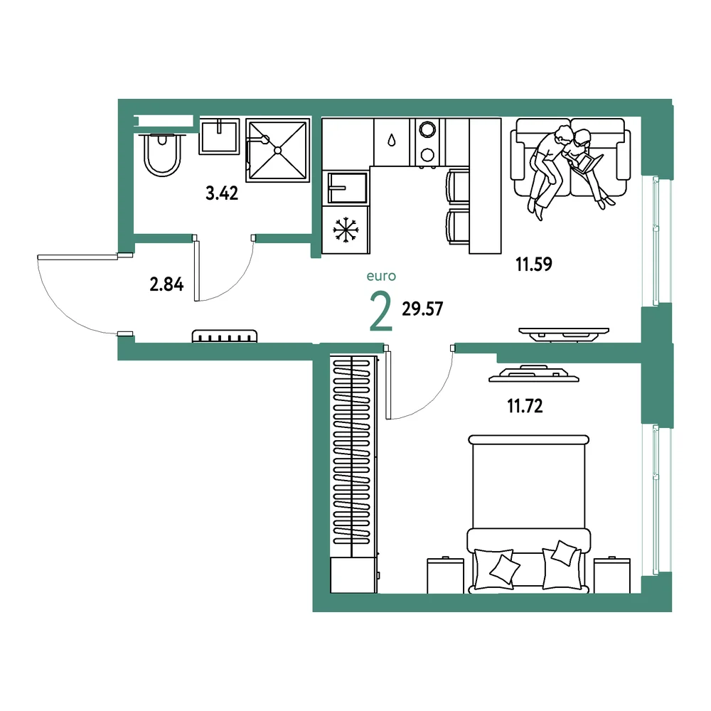 Планировка: Остров-сад 2-комнатная 29,57м²