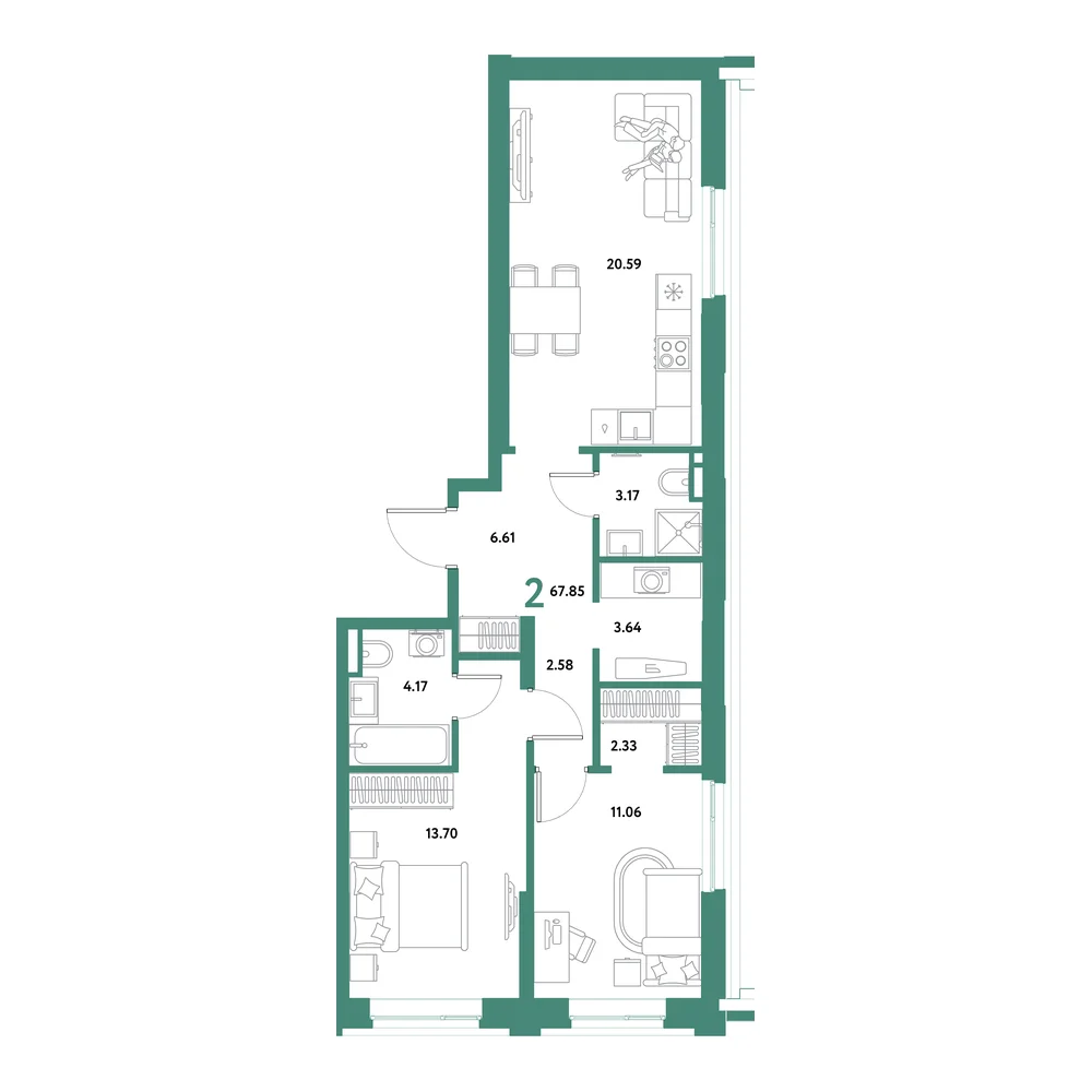 Планировка: Остров-сад 2-комнатная 67,85м²